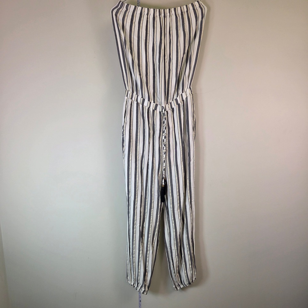 Navy White Striped Strapless Jumper Gold Metallic Thread Tassel Waist Pockets